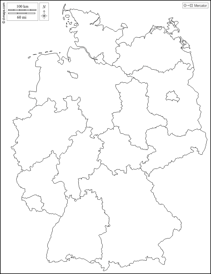 Umrisskarte von Deutschland mit den Grenzen der 16 Bundesländer