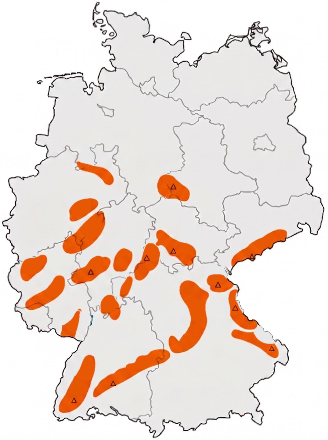 Karte Deutschlands mit den zwanzig Mittelgebirgen als orangefarbene Flächen, ohne Namen